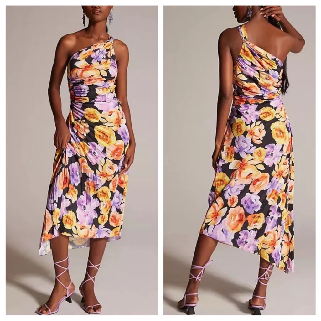 Anthropologie Yellow And Purple One-Shoulder Slit Midi Dress